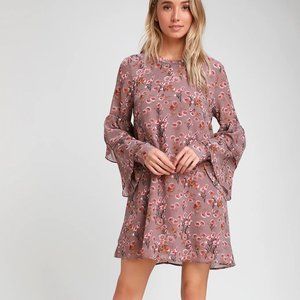 Lulu's Mauve Floral Print Tiered Flounce Sleeve Mini Dress
